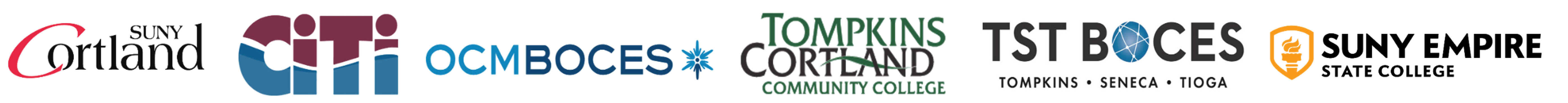 CNY Alternative Teacher Certification Partners Logos (From left to right: SUNY Cortland logo, CiTi BOCES logo, OCM BOCES logo, Tompkins Cortland Community College logo, TST BOCES logo, and SUNY Empire State logo)